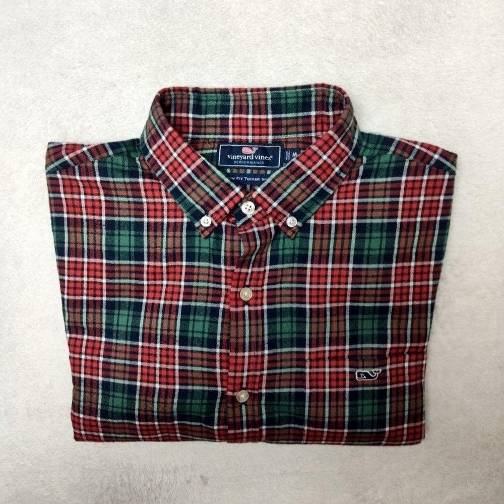 Vineyard Vines Shirt Mens M Red Green Plaid Flannel Button-Up Slim Performance